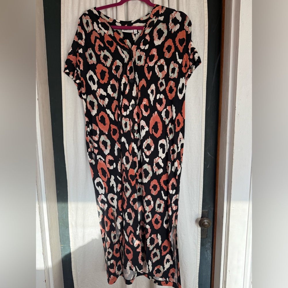 Long patterned pink and black dress